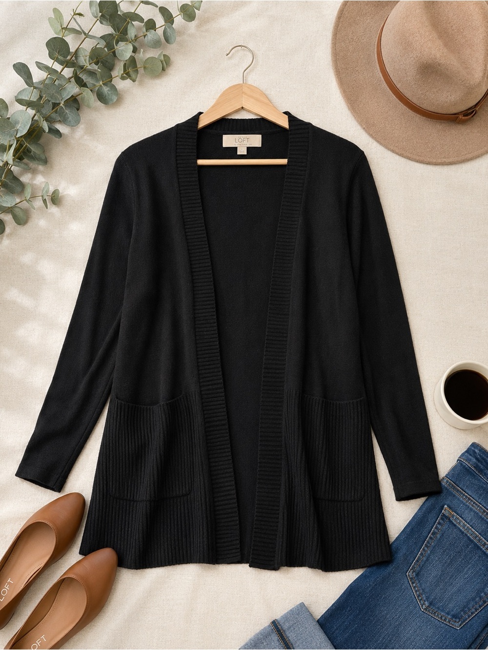 LOFT Black Open Front Cardigan Sweater Women Large Italian Yarn Lightweight Knit
